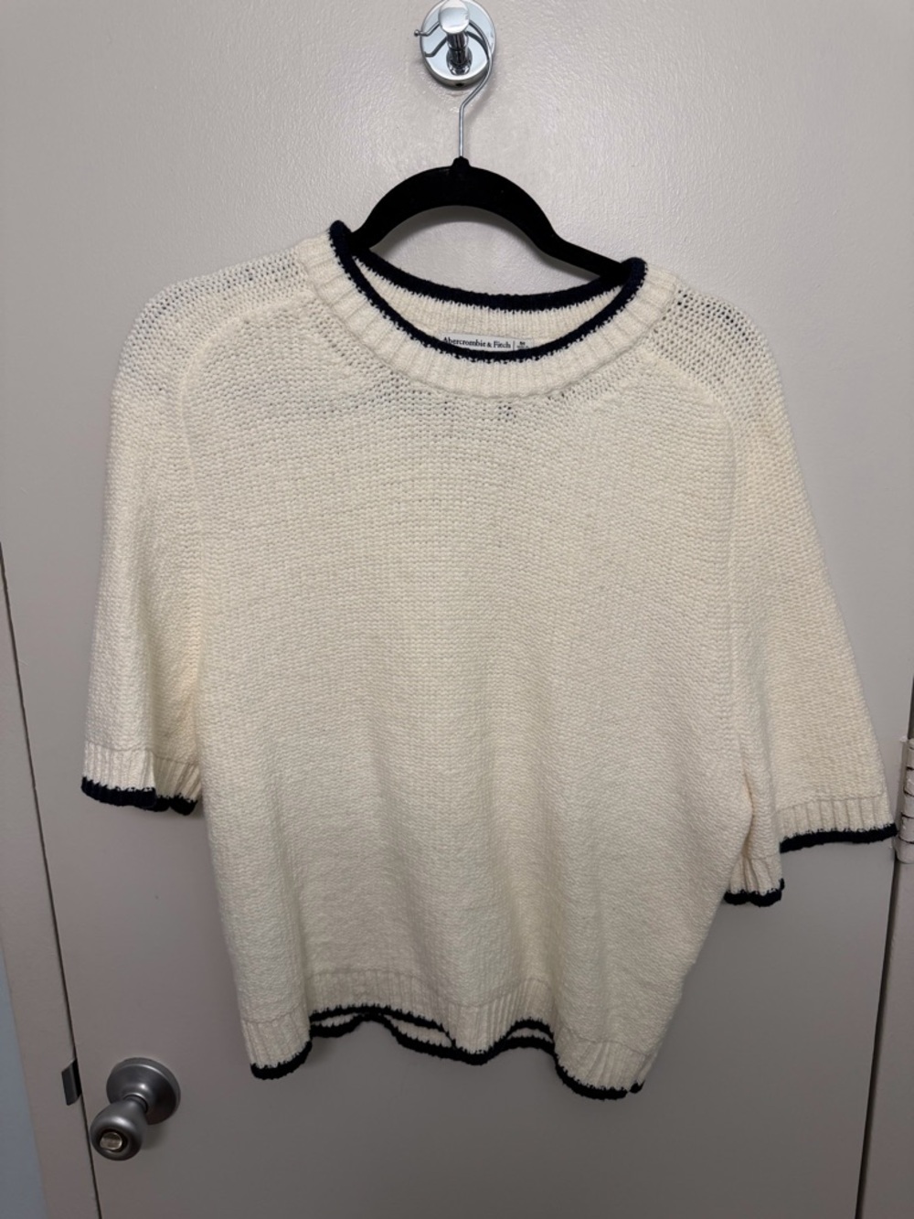 Abercrombie & Fitch Cream Short-Sleeve Knit Sweater with Black Trim